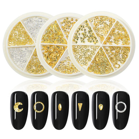HNUIX Gold Nail Charms, 3D Star, Moon, Ring, Metal Small Shape Studs Gem, 3 Boxes for Manicure Decor