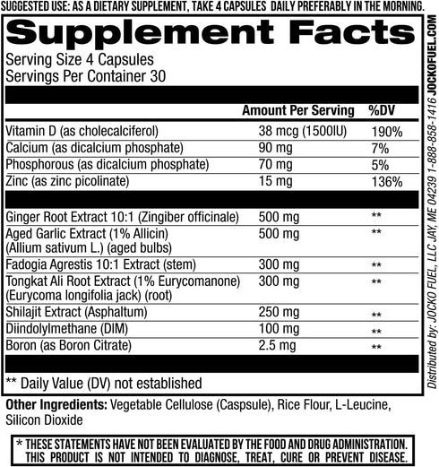 Jocko Fuel Test Booster for Men, Natural Endurance & Strength Booster, 120ct with Ginger Root, Shilijat & Tongkat Ali