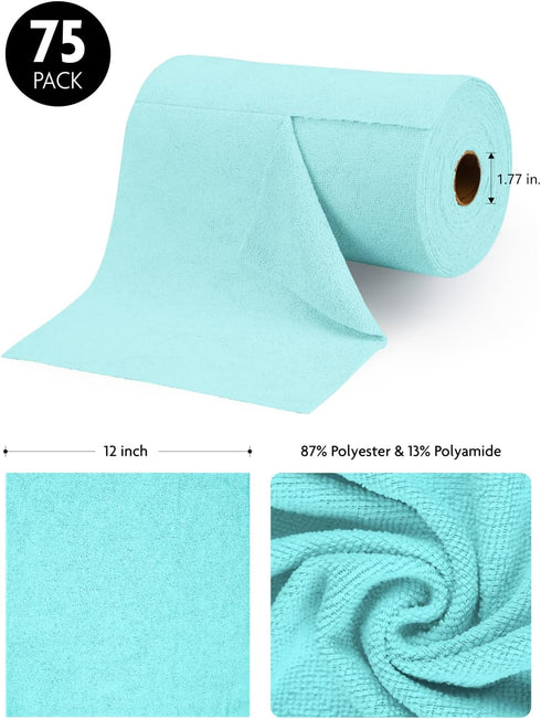 Microfiber Cleaning Cloth Roll - 75 Pack, Tear Away Towels, 12" x 12", Reusable Washable Rags (Blue)