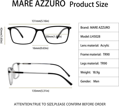 MARE AZZURO Reading Glasses, 2.75 Men Stylish Readers, Classic Transparent Reader Glasses +275 for Male