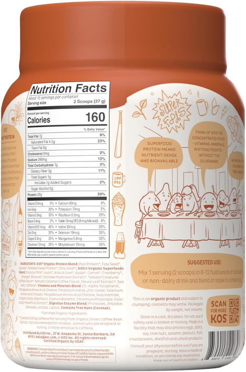 KOS Vegan Protein Powder - Salted Caramel Coffee, Low Carb Pea Protein Blend, Organic Plant Superfood, 15 Servings