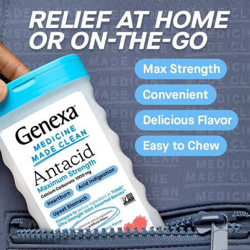 Genexa Antacid Maximum Strength Chewable Tablets | Calcium Carbonate Relief for Heartburn, Acid Indigestion, 72 Tablets