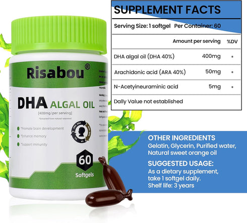 Risabou 400 60 3 1 Algal Oil DHA mg with ARA and SA, Softgels Algae Oil - DHA Omega Supplement, Softgel per Serving