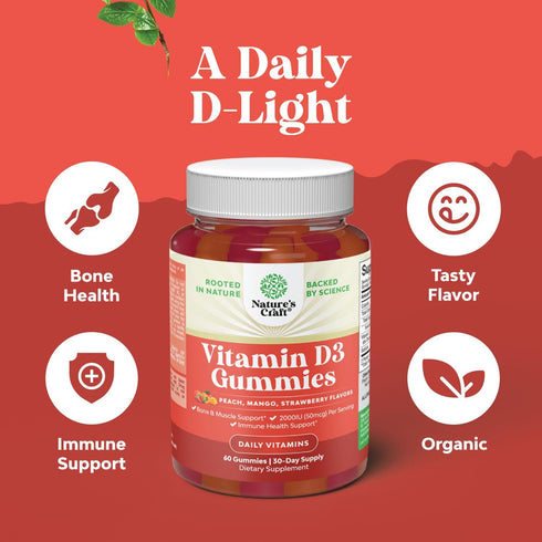 Vitamin D3 Gummies for Daily Wellness - Delicious 30 Day Supply, 2000IU per Serving, for Bone Muscle & Immune Support,
