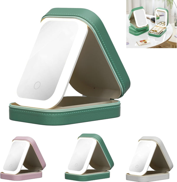 LED Three-Color Adjustable Makeup Mirror, Portable Rechargeable Organizer with Waterproof Vanity Mirror Jewelry Box