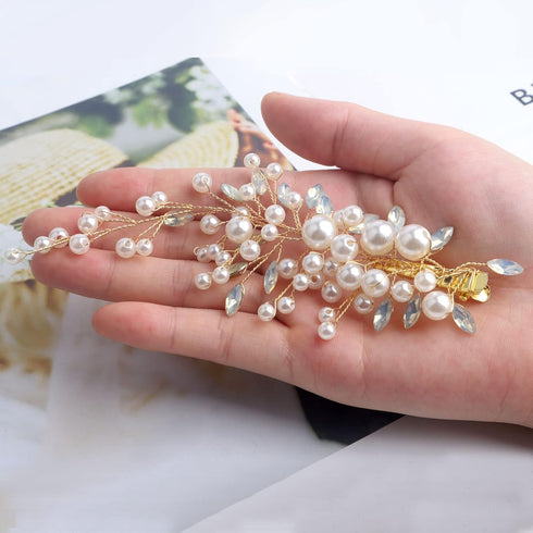 Wedding Pearl Hair Clips (2PCS) - Rhinestone Hair Accessories for Bridal Women in Gold