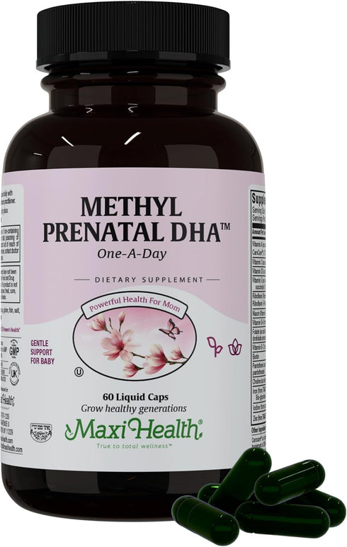 Maxi Health Methyl Prenatal DHA - 60 Liquid Caps, Doctor Formulated, Kosher, Gluten Free Prenatal Multivitamin with 25