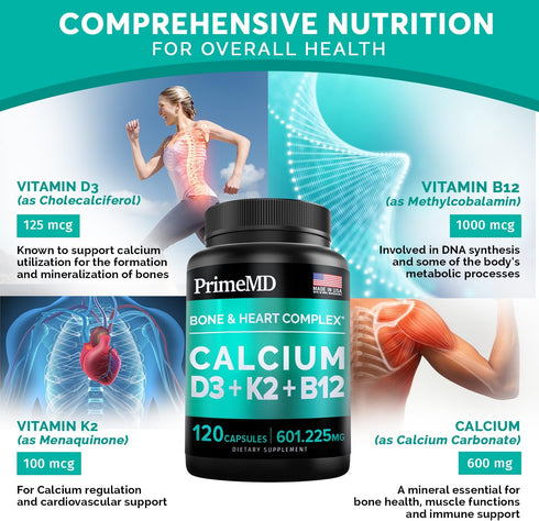 PrimeMD 4-in-1 Calcium Supplements 600mg with Vitamin D3 K2 B12 for Heart & Bone Health, 120 Count