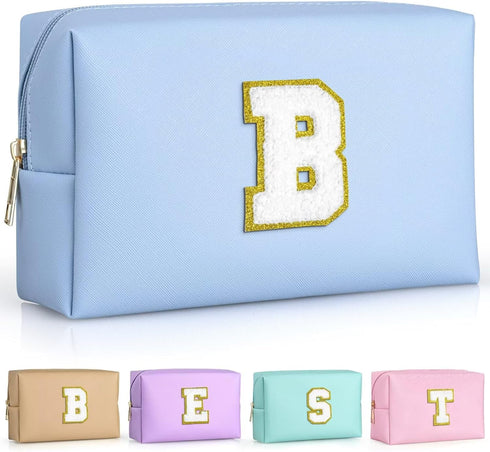 Preppy Patch Sky Blue B Cosmetic Bag, Chenille Letter Pouch, PU Leather Waterproof Toiletry