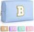 Preppy Patch Sky Blue B Cosmetic Bag, Chenille Letter Pouch, PU Leather Waterproof Toiletry