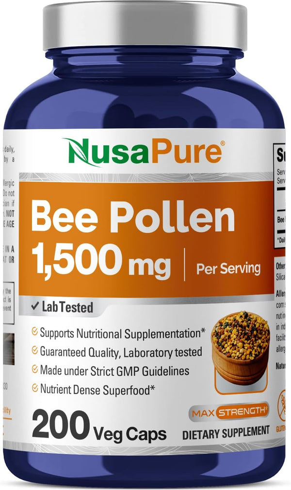 NusaPure Bee Pollen 1500mg, 200 Veggie Caps (100% Vegetarian, Non-GMO, Gluten Free)