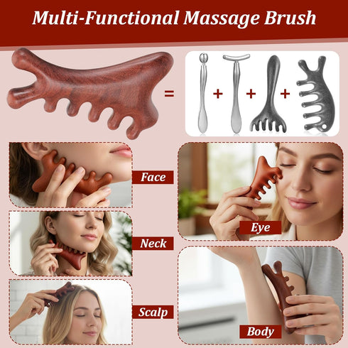Yuanchu 4-in-1 Natural Sandalwood Gua Sha Massage Tool, Scalp Massager Comb for Head Face Eye Nose Body Stress Relief
