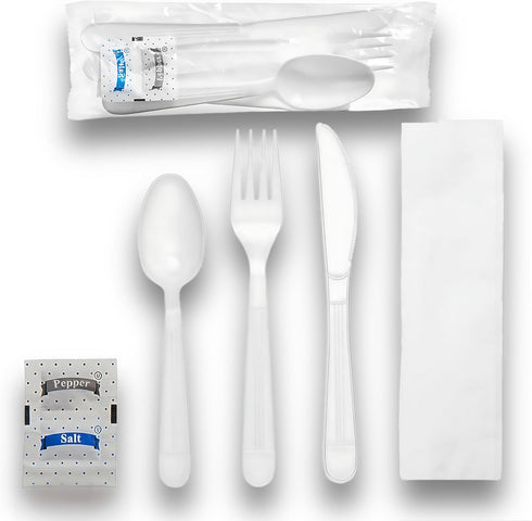 Heavy Duty Plastic Utensils Combo Set, Wrapped Silverware Variety Pack, 50 Disposable Forks, Spoons, Knives, Napkins,