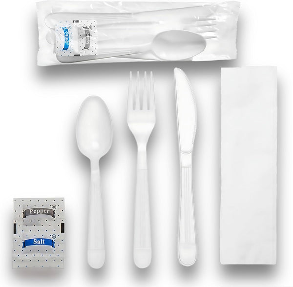 Heavy Duty Plastic Utensils Combo Set, Wrapped Silverware Variety Pack, 50 Disposable Forks, Spoons, Knives, Napkins,