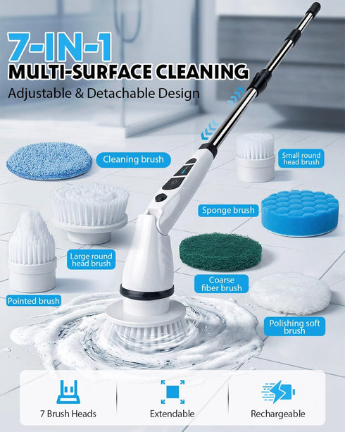 Torlaist 7 2-Speed 54in Electric Spin Scrubber, Shower Scrubber with Long Handle, Brush Heads, Cordless Bathroom