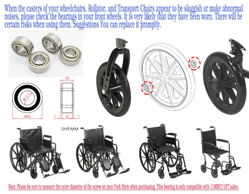 Wheelchair Caster Bearings,Wheelchair Front Wheel Bearings,Transport Chairs Rear Wheel Bearing,ID11.1*OD23*T10mm,Compatible with 11MM(7/16") Wheel axles,8" Wheel Replacement Parts.STDS1011,(4pcs)