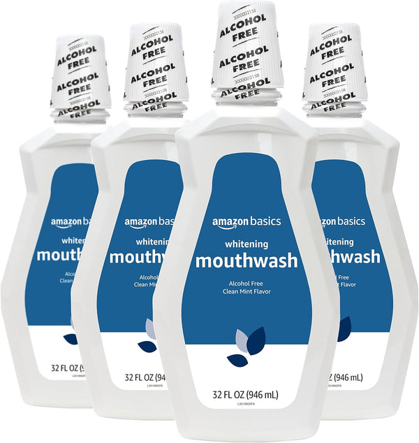 Amazon Basics Whitening Mouthwash - Alcohol Free Clean Mint, 32 Fl Oz (Pack of 4) (Previously Solimo)
