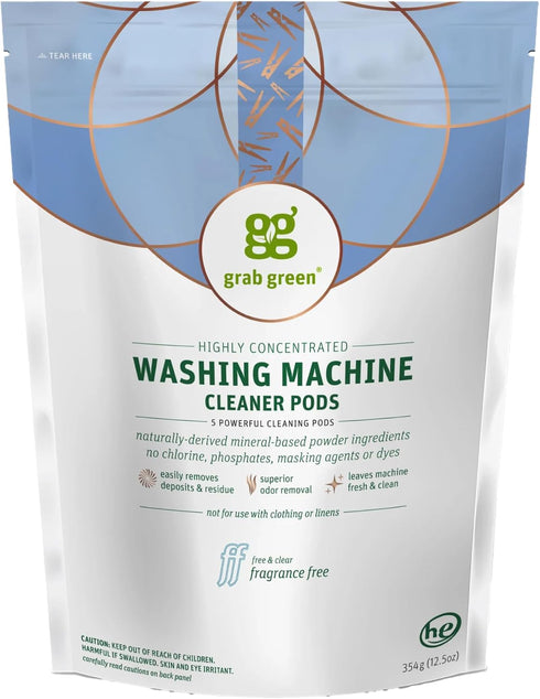 Grab Green Washing Machine and Dishwasher Cleaner Pods, Fragrance Free, 5 Cleaning Pods