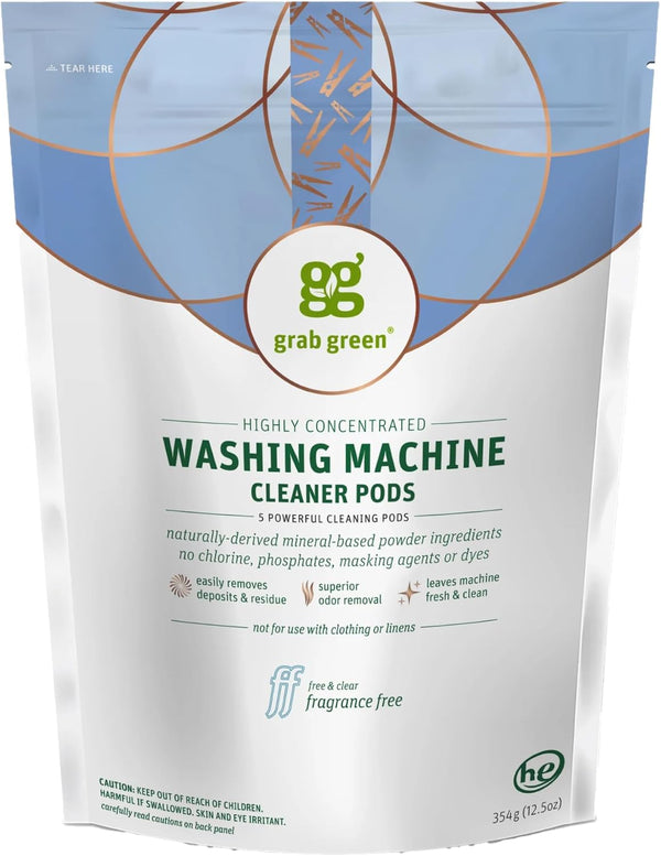 Grab Green Washing Machine and Dishwasher Cleaner Pods, Fragrance Free, 5 Cleaning Pods