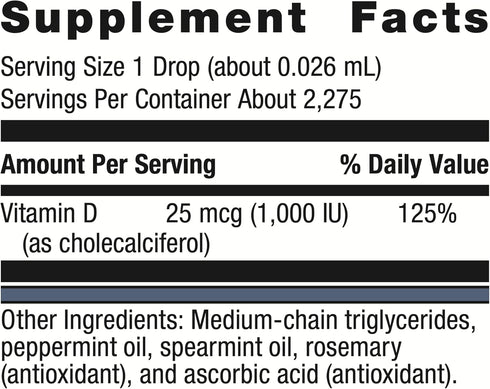 Metagenics MetaKids D3 1000 IU Liquid Vitamin D Supplement, 2 fl oz, Supports Bone and Immune Health, 2,275 Servings