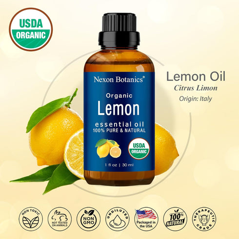 Organic Lemon Essential Oil 30 ml - Natural, Pure Organic Lemon Oil Essential Oil for Diffuser, Aromatherapy, Skin, Hair Care - Aceite de Limon - Citrus Essential Oils - Nexon Botanics
