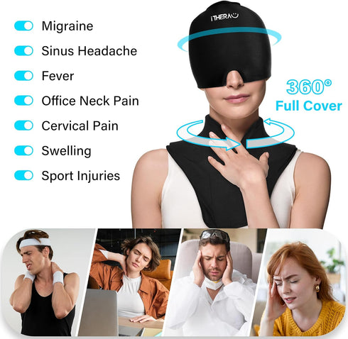 iTHERAU Migraine Relief Cap & Neck Ice Pack, 2Pcs-Set Reusable Headache Hat Ice Pack Mask, Gel Cold Compress Head Wrap