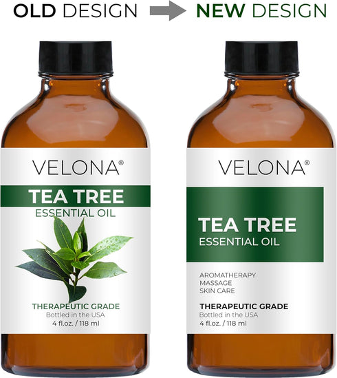 Tea Tree Essential Oil by Velona - 4 oz | Therapeutic Grade 100% Pure and Natural | for Aromatherapy Diffuser, Massage, Skincare, Haircare, Soapmaking | Undiluted and Multipurpose in Glass Bottle