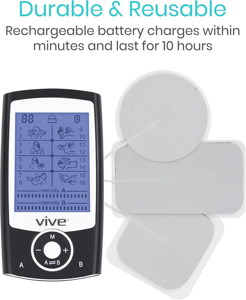 Vive Tens Unit Muscle Stimulator, Electric Shock Therapy for Pain Management, Self-Sticking Electrodes Pads