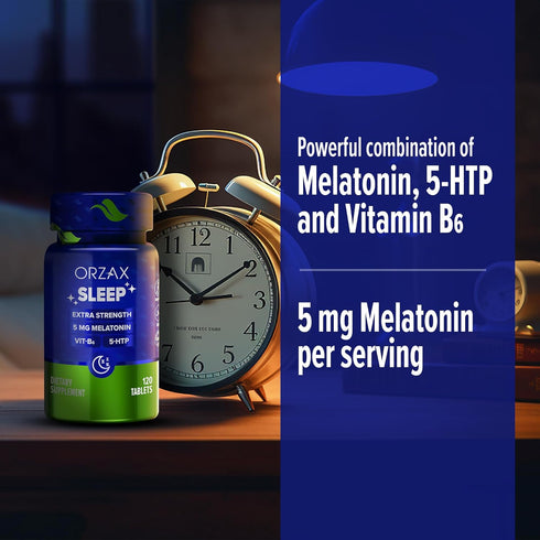 ORZAX Sleep Supplement - Melatonin 5 mg, Vitamin B6 & 5-HTP for Restful Sleep, 120 Tablets for Adults