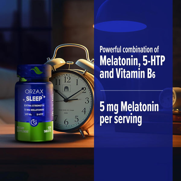 ORZAX Sleep Supplement - Melatonin 5 mg, Vitamin B6 & 5-HTP for Restful Sleep, 120 Tablets for Adults
