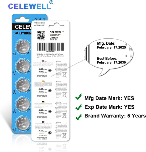CR1620 5 Pack for Key Fob Tracker - 70mAh 3V Lithium Battery - 5-Year Warranty