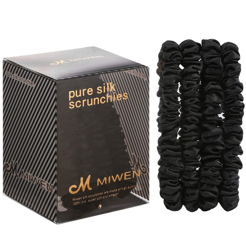Silk Scrunchies for Women, Small Black, Pure Mulberry Silk Hair Ties, 22 Momme, Pack of 4