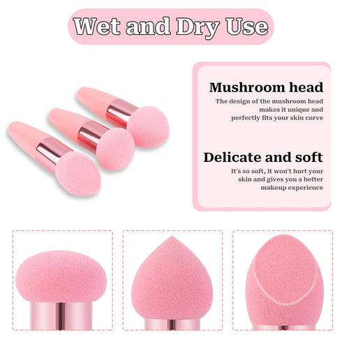 3Pcs Makeup Sponge Facial Foundation Sponge Professional Makeup Blending Sponge with Handle Beauty Sponge Blender Dry & Wet Use Makeup Sponges for Foundation