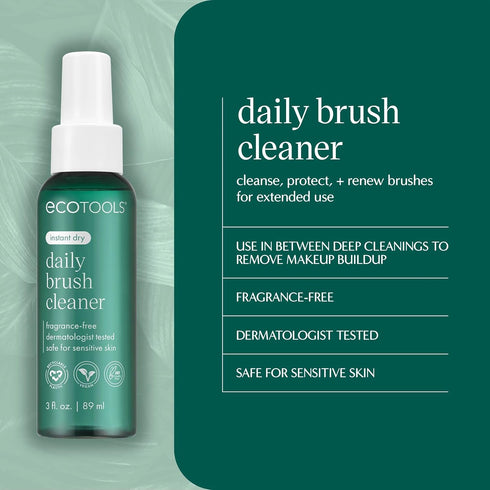 EcoTools Daily Brush Cleaner, Makeup Brush Cleanser Spray, Quick Drying Brush Spray, Fragrance Free & Dermatologist Tested, Travel Size, TSA Approved, Cruelty-Free & Vegan, 3 fl oz./89 ml. Bottle