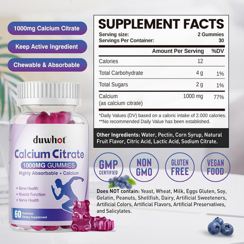 Calcium Citrate Gummies, Chewable Calcium Citrate 1000mg for Bone, Muscle & Immune Support, Ultimate Absorption Calcium Supplements for Women & Men, Blueberry, 60 Chews