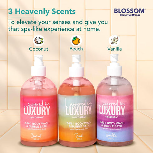 Blossom Layered In Luxury 2-in-1 Scented Body Wash & Bubble Bath - 500ml Liquid Bath Gel for Dry, Sensitive Skin
