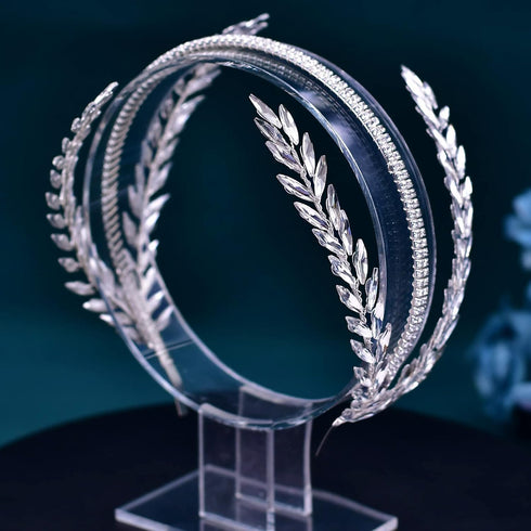 JHOO Bridal Headband Wedding Hair Accessories Rhinestone Wheat Spike Double Layer Handmade (Silver)