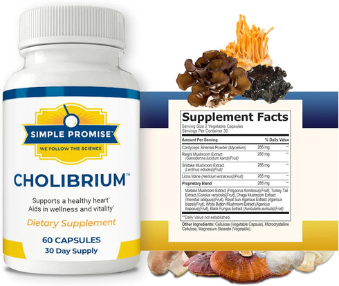 Simple Promise Cholibrium - Mushroom Supplement with Lion's Mane for Heart and Cholesterol Support, 60 Capsules