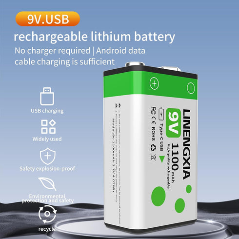 LINENGXIA 9V 1100mAh (2-Pack 1200 (9V) Lithium Rechargeable Batteries Green) with Type-C Cable | Life Cycles |