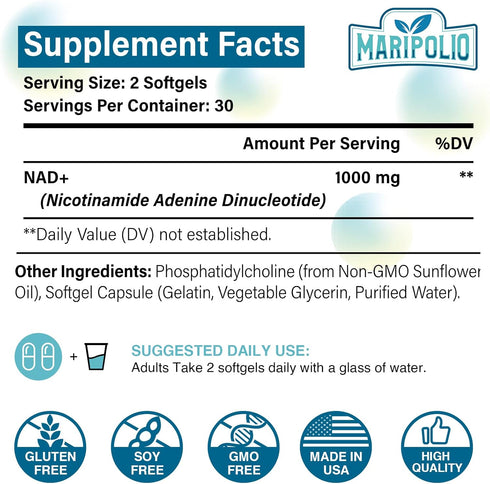 Liposomal NAD+ Supplement 1000 mg | Highest NAD Pontecy | Max Absorption | Pure NAD Supplement | Energy and DNA Repair, Aging Defense, Brain Function | 60 Softgels