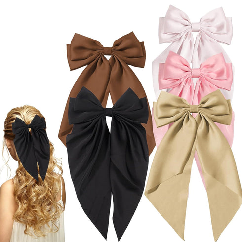 MHDGG 5Pcs Black Satin Oversized Bowknot Hair Accessories - Large Hair Ribbons and Long Tail Hair Bows