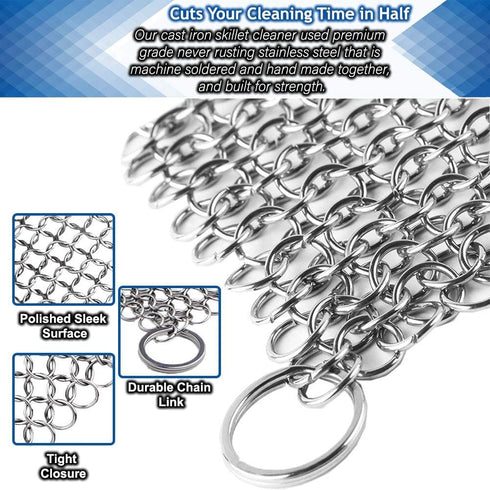 Washieldz Stainless-Steel Cast Iron Skillet Cleaner, Premium Chainmail Scrubber with Hanging Ring 6"x8" Square (Pack of