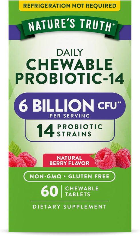 Nature's Truth Probiotic Chewable for Men and Women | 60 Count | 6 Billion CFU | 14 Strains | Berry Flavor | Non-GMO &