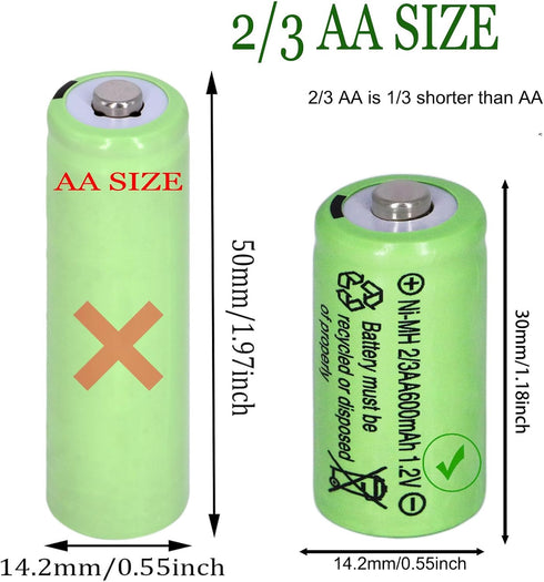 10 Packs 2/3AA Size Rechargeable Batteries 600mah 1.2V Ni-MH for Flame Solar Lights,Fairy Lights,Solar Yard Lights,Solar Lights(They are not AA Standard Size, it is 2/3 AA Batteries)