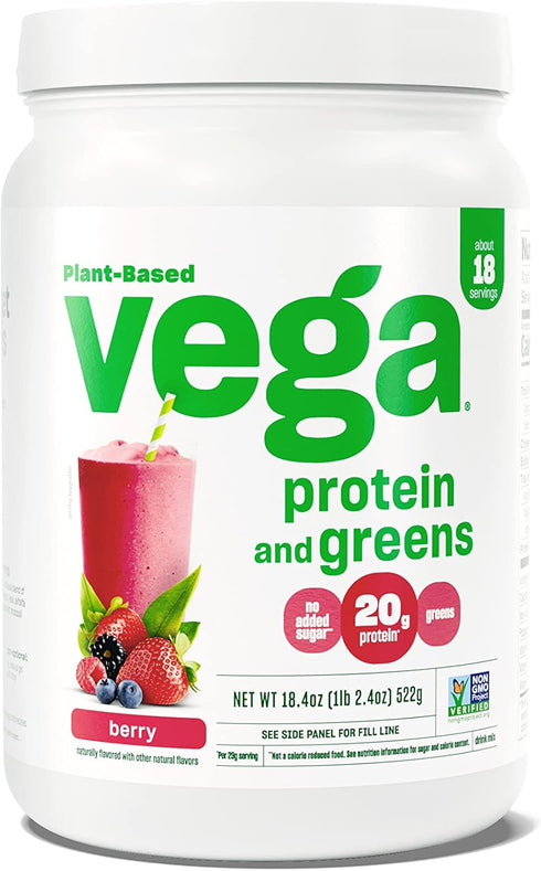 Vega Protein and Greens Protein Powder, Berry, 1.2 lbs, 20g Plant Based Protein Plus Veggies