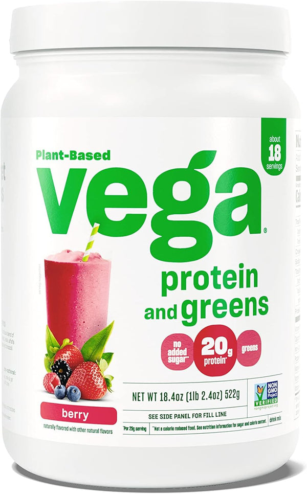 Vega Protein and Greens Protein Powder, Berry, 1.2 lbs, 20g Plant Based Protein Plus Veggies