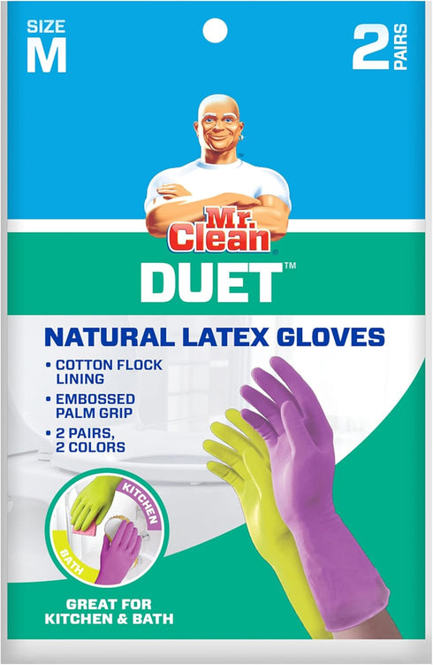 Mr. Clean Duet Medium Gloves, Natural Latex, Beaded Cuff, Cotton Flock Lining