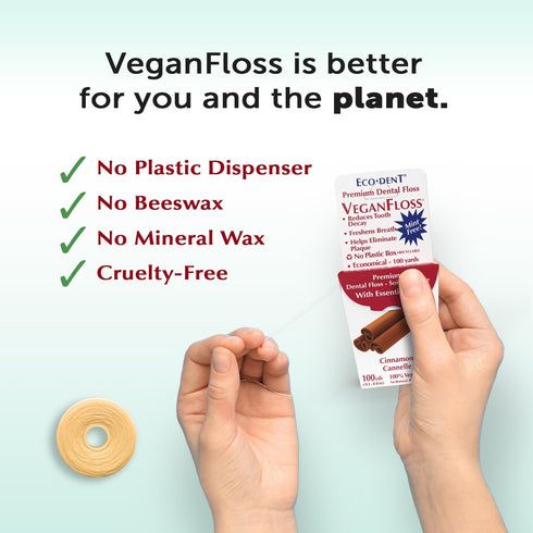 Eco-Dent VeganFloss Dental Floss, Waxed, Cinnamon, 100 Yds (Pack of 6) - Plant-Based Wax