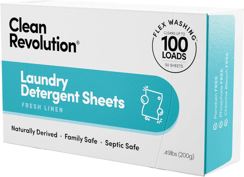 Clean Revolution Laundry Detergent Sheets, 50 Sheets, 100 Loads, Fresh Linen, Septic Safe, USA Produced