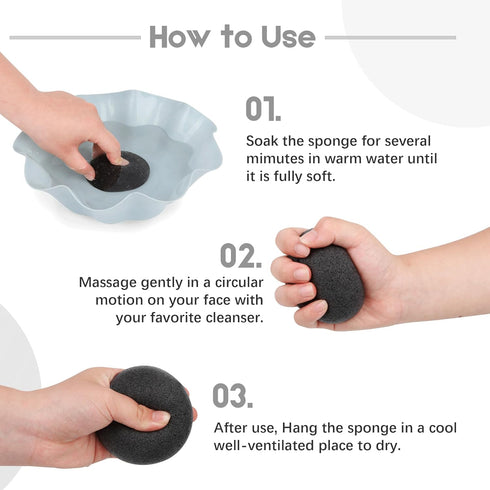Konjac Organic Cleansing Exfoliating Facial Sponges Set - Natural Charcoal Face Sponge for Skincare